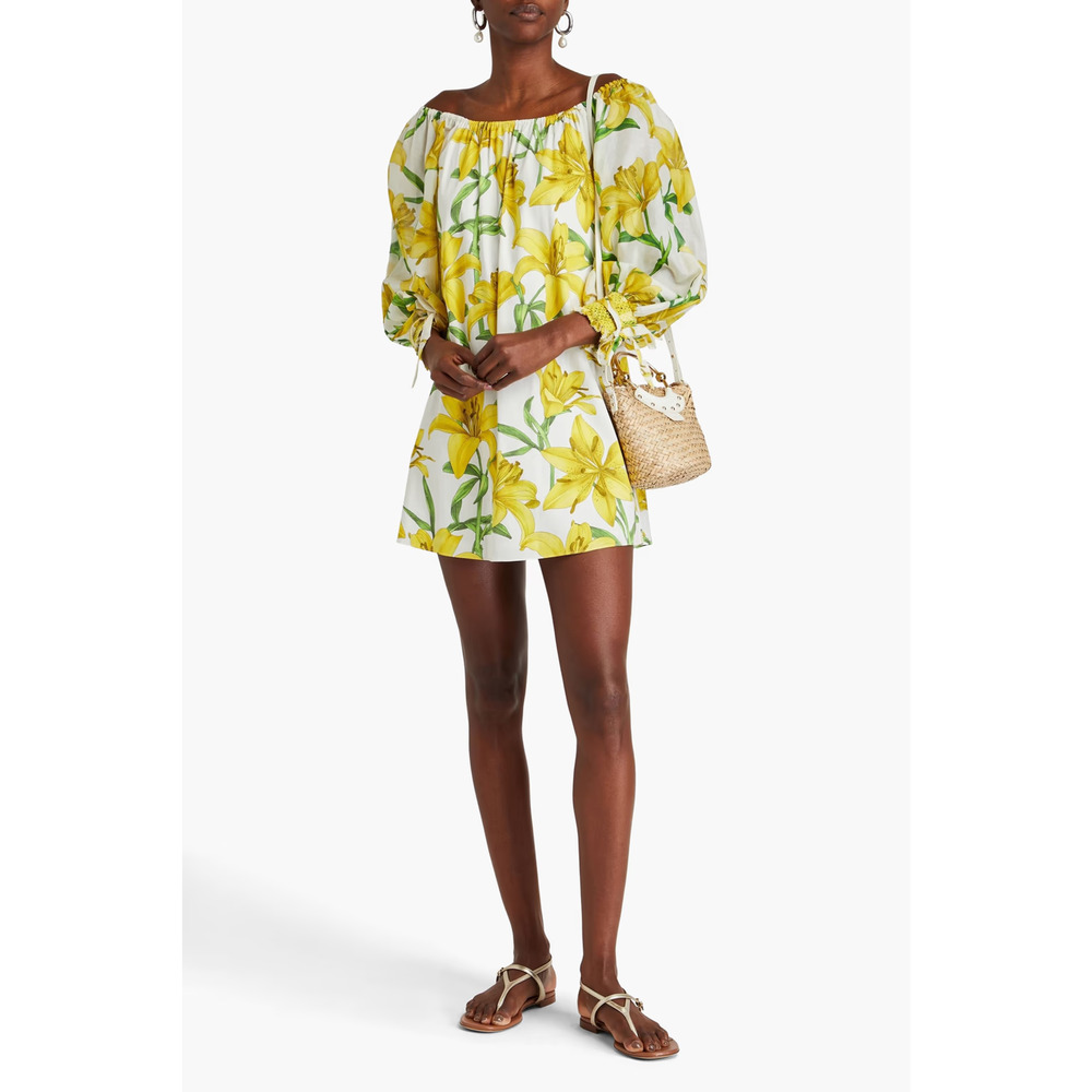 Alice + Olivia Artemis Off the Shoulder 3/4 Sleeve Mini Dress Floral Yellow L